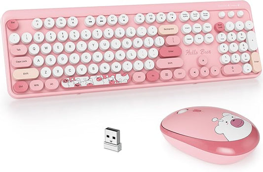 GTSP Pink Typewriter Keyboard Wireless Mouse Combo, Cute Keyboard 2.4G Office Full-Sized Retro with Round Keycaps for Laptop PC Desktops（Pink）