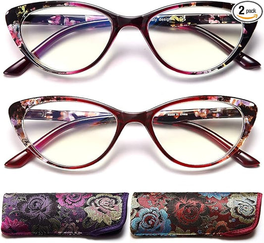 EYEURL Cat Eye Reading Glasses for Womens 2 Pack of Blue Light Blocking Readers +3.0 Spring Hinge Vintage Computer Eyeglass with Colorful Pattern Design