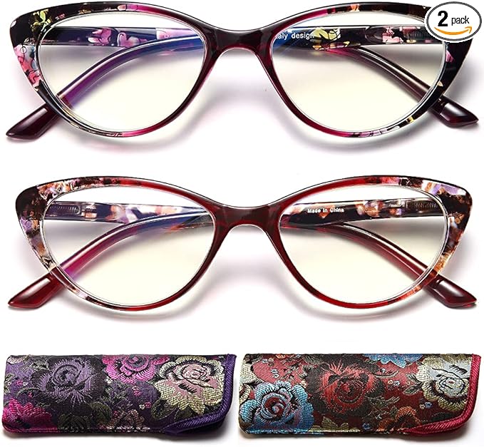 EYEURL Cat Eye Reading Glasses for Womens 2 Pack of Blue Light Blocking Computer Readers +1.0 Spring Hinge Vintage Eyeglass with Colorful Pattern Design