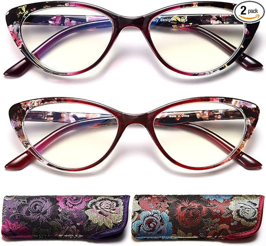 EYEURL Cat Eye Reading Glasses for Womens 2 Pack of Blue Light Blocking Readers +3.5 Spring Hinge Vintage Computer Eyeglass with Colorful Pattern Design
