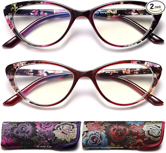 EYEURL Cat Eye Reading Glasses for Womens 2 Pairs Blue Light Blocking Readers +2.25 Ladies Computer Eyeglass Colorful Vintage Pattern Design