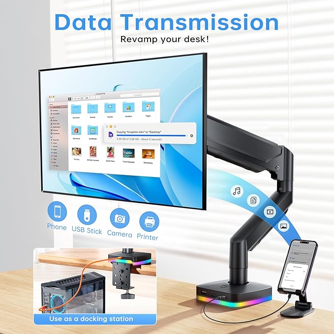 RGB Single Monitor Arm Desk Stand Gas Spring Computer Adjustable Monitor Mount for 13-32 inch Screens with RGB USB & USB-C High Speed Data Transfer C Clamp & Grommet Bases 75x75/100x100 VESA