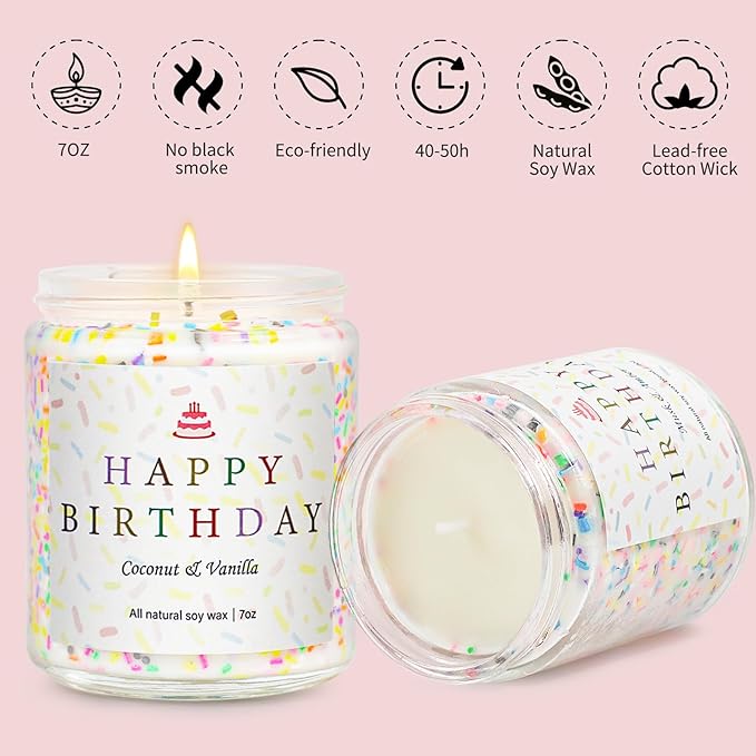 Happy Birthday Candles Set, 4 Pack Birthday Candle Gifts for Women, Unique Best Friend Birthday Gifts Ideas for Her and Him, Natural Soy Candle Scent of Vanilla Coconut/Lavender/Eucalyptus Mint - 7oz