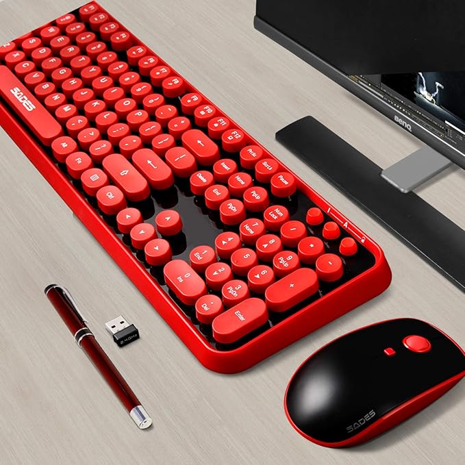 2.4GHz Wireless Typewriter Keyboard with 104 Cute Retro Round Keys, Letton Full Size Wireless Keyboard and Mouse Combo with 3 DPI for Computer Mac PC Laptop-Black/Red