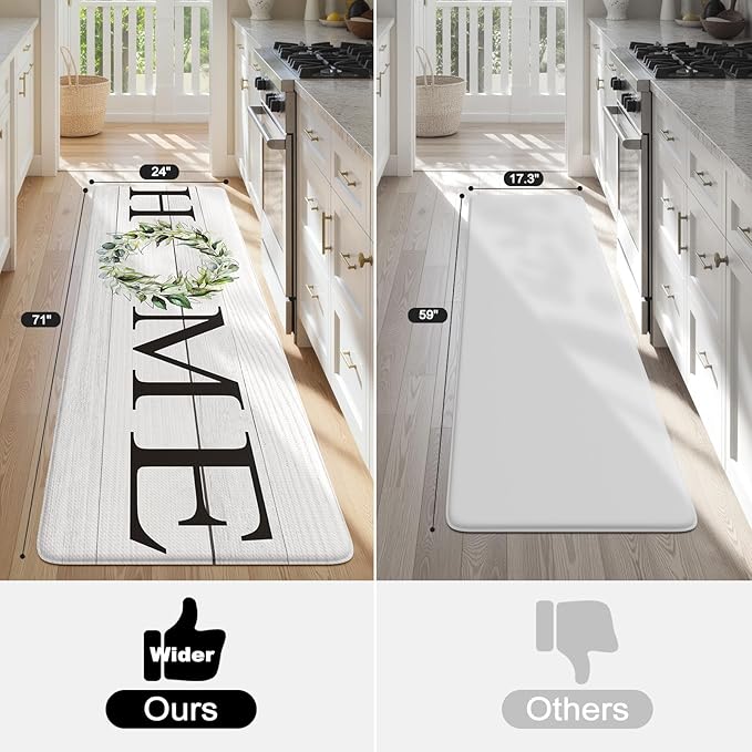 KIMODE Kitchen Mats Cushioned Anti Fatigue 24" x 71", Farmhouse Kitchen Rugs Runner Stain Resistant, Wide Ergonomic Standing Long Non Slip Waterproof Kitchen Floor Mat for Sink Laundry, White