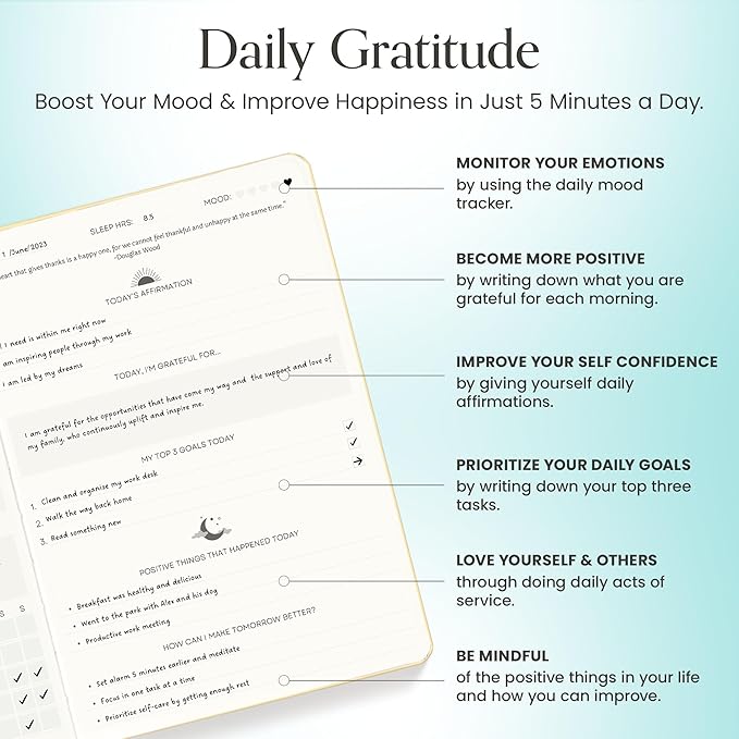 Gratitude Journal For Women & Men - Mental Health, Self Love & Self Care Journal - Teal - 5.8" x 8.3" - Mantra Planner