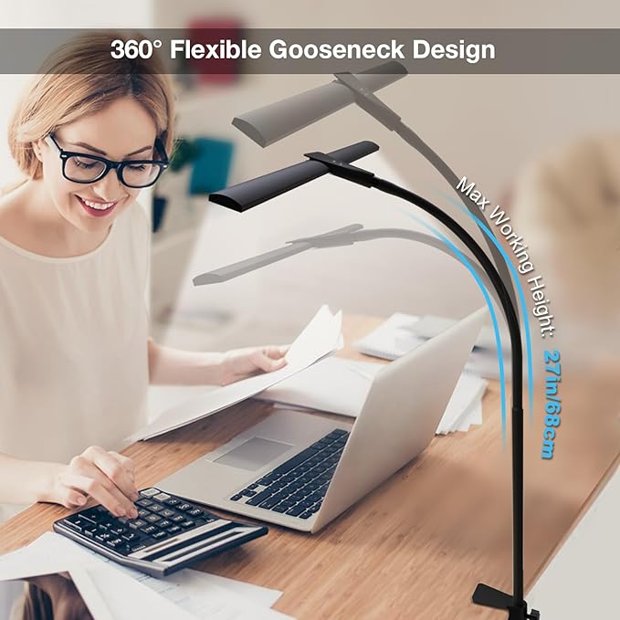 LED Desk Lamp for Home Office, Bright Double Head Desk Lamp with Clamp, Dimmable 5 Color Modes Desk Lighting, 12W Eye-Caring Architect Table Lamp for Workbench, Monitor, Reading, Study, 1400lm