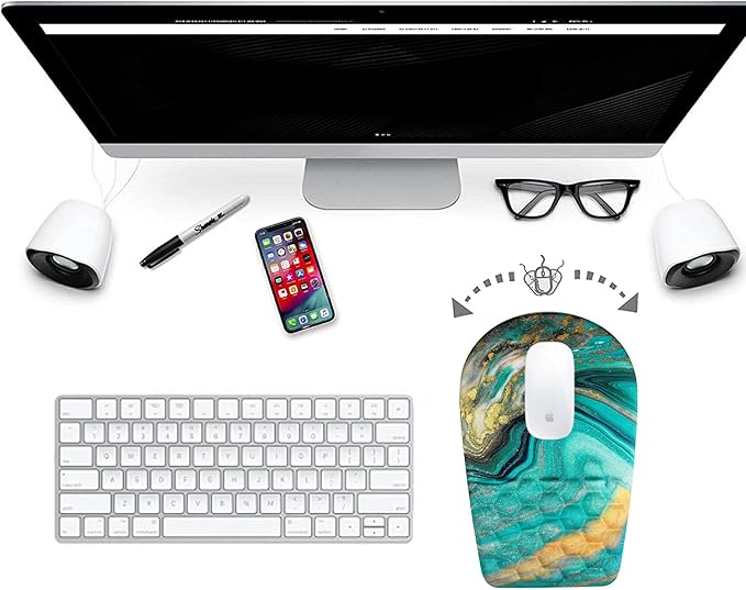 Ergonomic Mouse Pad Wrist Support,Upgrade Mousepad with Massage Design,Non-Slip PU Base Desktop Mouse Pads for Pain Relief, Computer, Office & Home,12 x 8 in（F-Golden Green Marble）