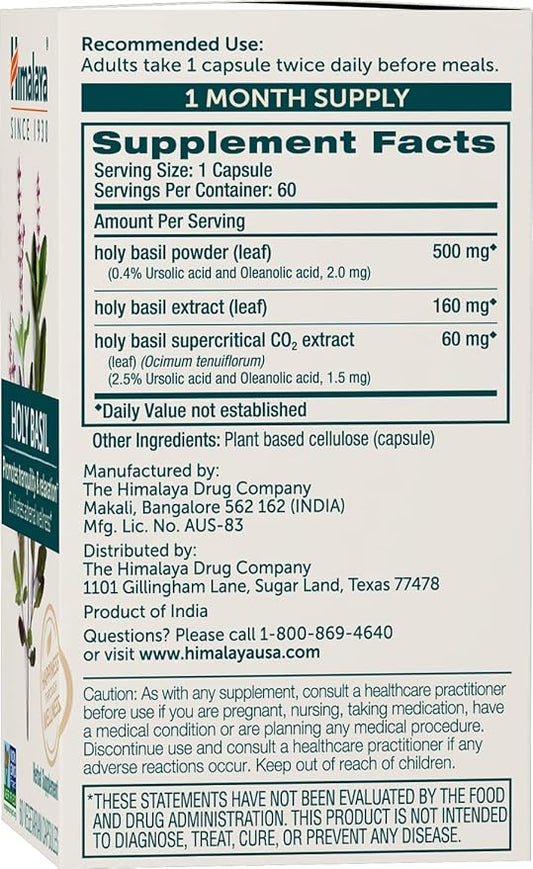 Himalaya Holy Basil, 60 Day Supply - Herbal Adrenal Support for Stress Relief, Relaxation, Energy Support and Occasional Sleeplessness - Vegan, Non-GMO, Gluten Free, 720 mg, 60 Capsules, Pack of 2
