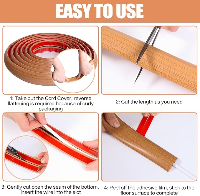 Floor Cord Cover Self Adhesive Cord Hider,3.3FT Cable Management, Extension Strip Protector for Wires, Prevent Cable Trips for Offices, Gyms, Exhibitions Cavity:0.3"(W) x 0.28"(H) Brown Wood