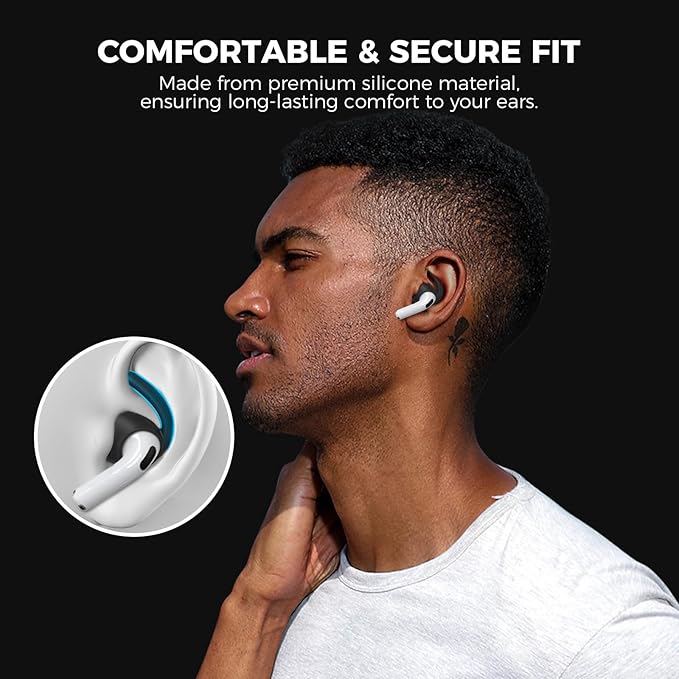 AhaStyle Ear Hooks for AirPods 4th Generation (2024) 【Added Storage Pouch】 3 Pairs S/M/L Anti-Slip Ear Covers Silicone Accessories Compatible with Apple AirPods 4th Gen (Large+Medium+Small, Black)