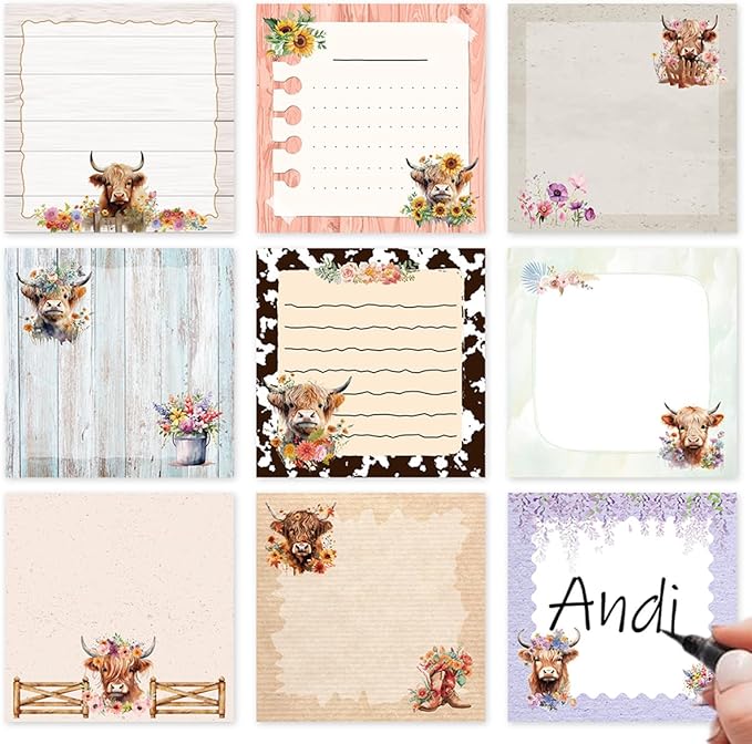 Highland Cow Sticky Notes Set - Lovarywow 9 Pack Highland Cow Sticky Notepad Cute Animals Sticky Notes 3"X3" Adhesive Post Memo Pad Gifts Office Home Cow Print School Supplies 450 Sheets