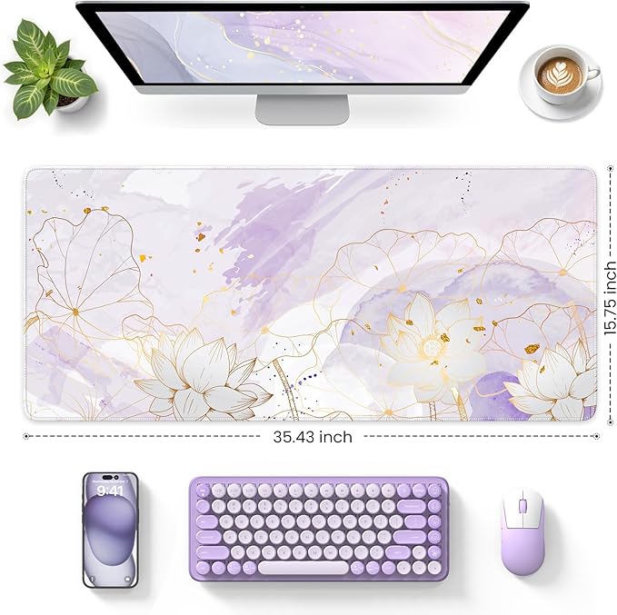 iCasso Desk Cover Mat, Extra Large Lotus Mouse Pad, Desk Pad Mat,Office Matt for Desktop Protector, Anti-Slip XXL Big Mousepad with Stitched Edges for Laptop Computer Keyboard(Purple Lotus Leaf)