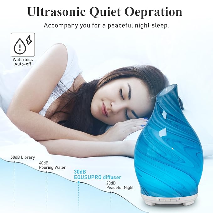 Essential Oil Diffuser Aromatherapy Diffuser- 120ml Art Glass Ultrasonic Cool Mist Scent Aroma Oil Diffuser with Auto Shut-Off Protection & 7 Colors Night Light for Home Office Decor&Gift (Blue)