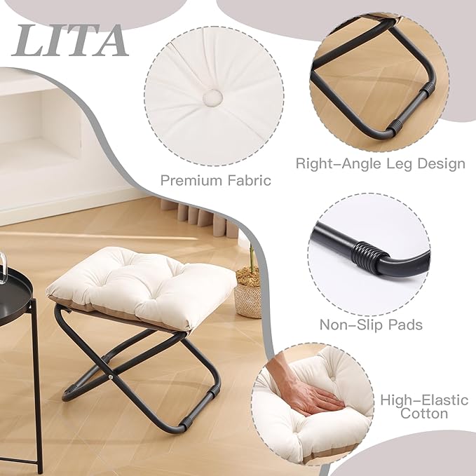 LITA Folding Upholstered Footrest Stool with Straight & Square Shape, Beige