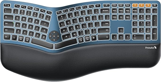 ProtoArc Backlit Bluetooth Ergonomic Keyboard, EK01 Plus Full Size Wireless Split Keyboard with Dual Bluetooth and USB, Cushioned Wrist Rest, Rechargeable, Compatible with Windows/Mac/Android, Blue
