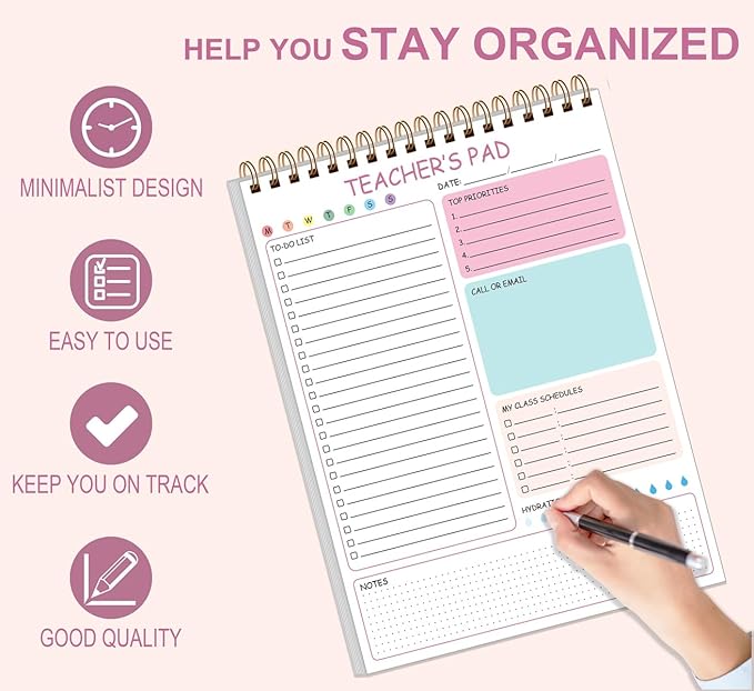 Teacher Notepad - A4 Teacher To Do List Notepad, Spiral Checklist Notebook Organizer for Teachers Notes Task Appointment, Teacher Appreciation Gifts, 8'' x 11'', Pink