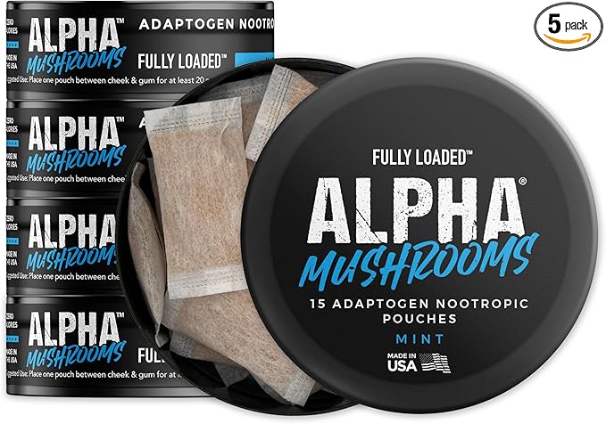 Fully Loaded Alpha Mushrooms - Adaptogen Nootropic Pouches (5-Pack, Mint) - - Lion's Mane, Cordyceps, & Chaga - 5 cans, 15 Pouches per can - Functional Mushrooms - Made in The USA