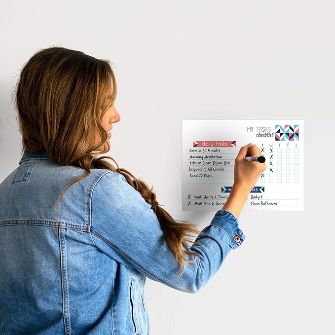 Dry Erase Whiteboard Task Planner | Removable and Restickable Adhesive Decal | Fine-Tip Magnetic Marker Included (9 x 12 inches, Geometric)