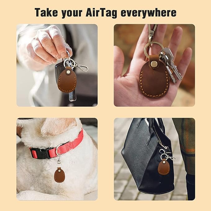 Genuine Leather Airtag Holder, Portable Air Tag Keychain with Key Rings Full Coverage Air Tags Hidden Case Cover Compatible for AirTags Bright Red