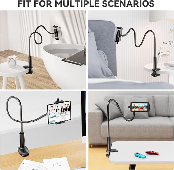 KDD Gooseneck Tablet Stand, 360° Adjustable Phone & iPad Holder for Bed and Desk, Flexible Arm Mount Clip for Video Recording, Bedside & Headboard Clamp for iPad Pro 12.9, Mini, Switch