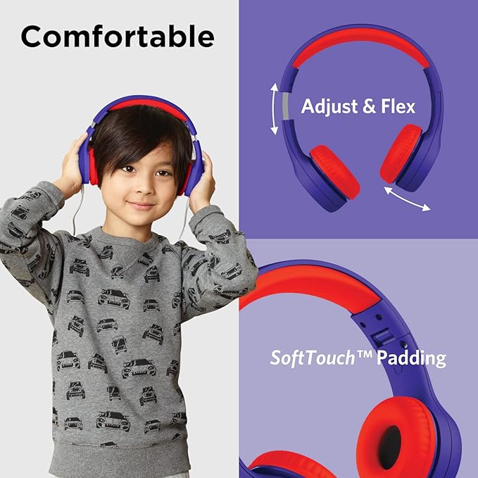 LilGadgets Connect+ Style On-Ear Kids Headphones with Microphone - SharePort Technology, SoftTouch Padding, Detachable Cable, Noise Reduction, Durable & Adjustable - Blue/Red Headphones for Kids
