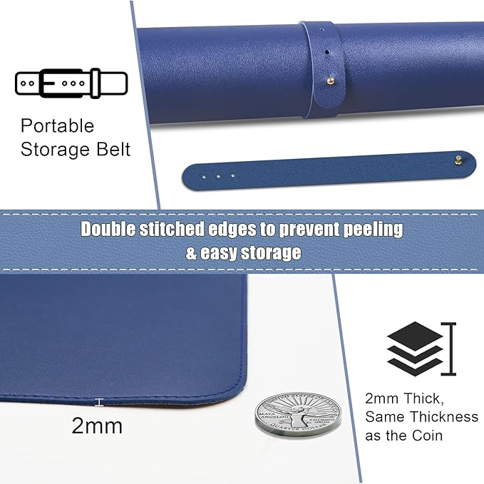 BLESWIN Large Desk Pad Mat 47.2"" x 17"", Office Desk Mat, Non-Slip PU Leather & Cork Desk Blotter for Keyboard and Mouse, Large Desk Mat, Large Mouse Pad for Office & Home(Dark Blue)