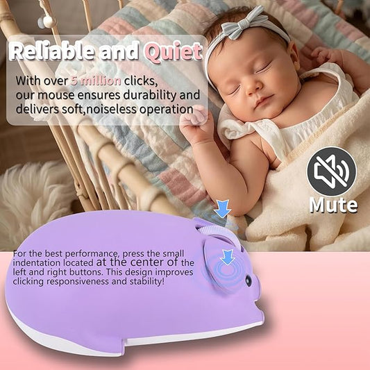 Cute Pig Design Wireless Mouse - Dual Mode Bluetooth & USB, Silent Operation, Ergonomic, Ideal for Laptops & PCs, for Animal Lovers and Family (Purple)