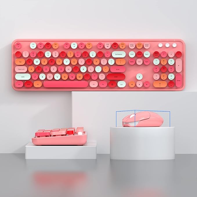 Wireless Keyboard and Mouse Combo, MOWUX Colorful Computer Full Size 2.4G Plug and Play Wireless Typewriter Keyboard and Mouse Set for Windows, Computer, Desktop, PC, Notebook (Pink Colorful)