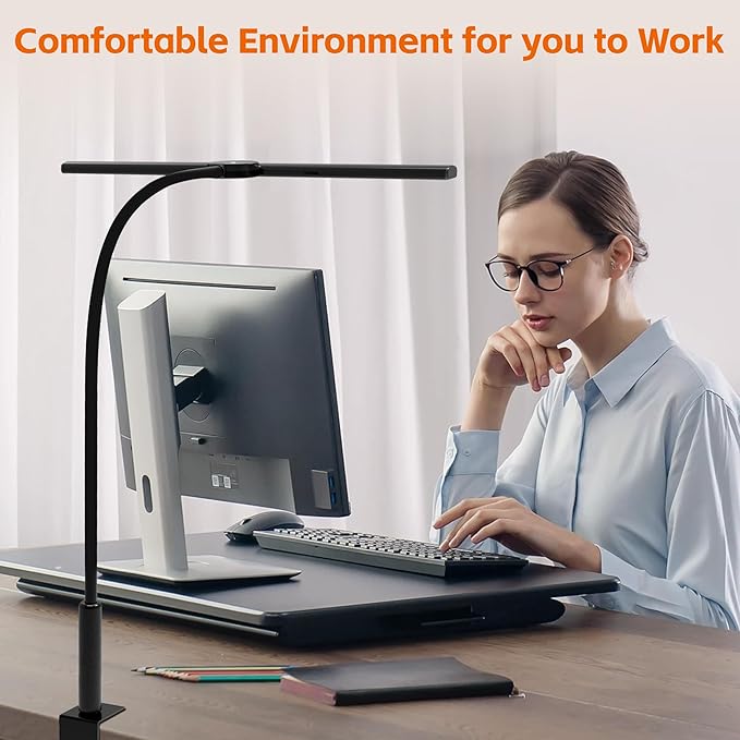 LED Desk Lamp with Clamp, Eye-Caring Adjustable Brightness, 3 Lighting Modes, Touch & Remote Control Clip Light for Home Office, Study, Computer Work, Reading, Puzzle, Task (Black)