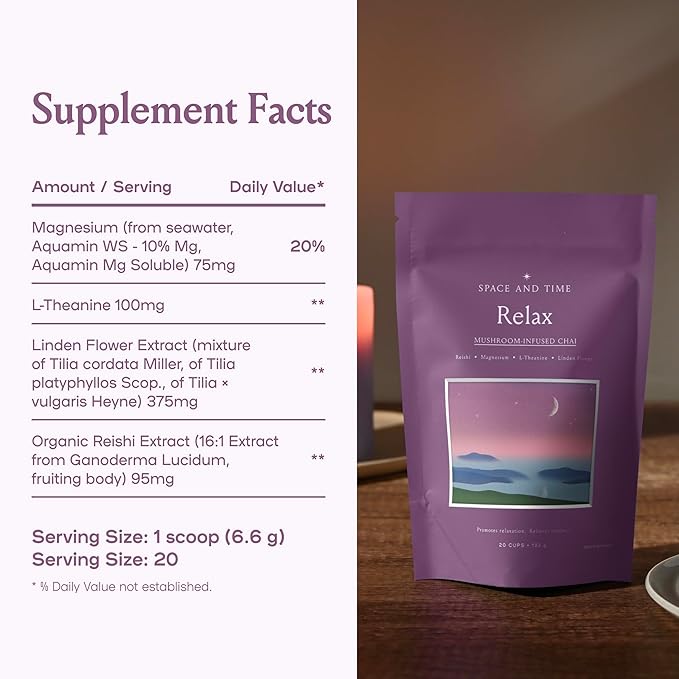 SPACE AND TIME Relax - Mushroom Chai Tea - 20 Cups of Calm & Relaxation - Mushroom Tea with Reishi, Magnesium & L-Theanine