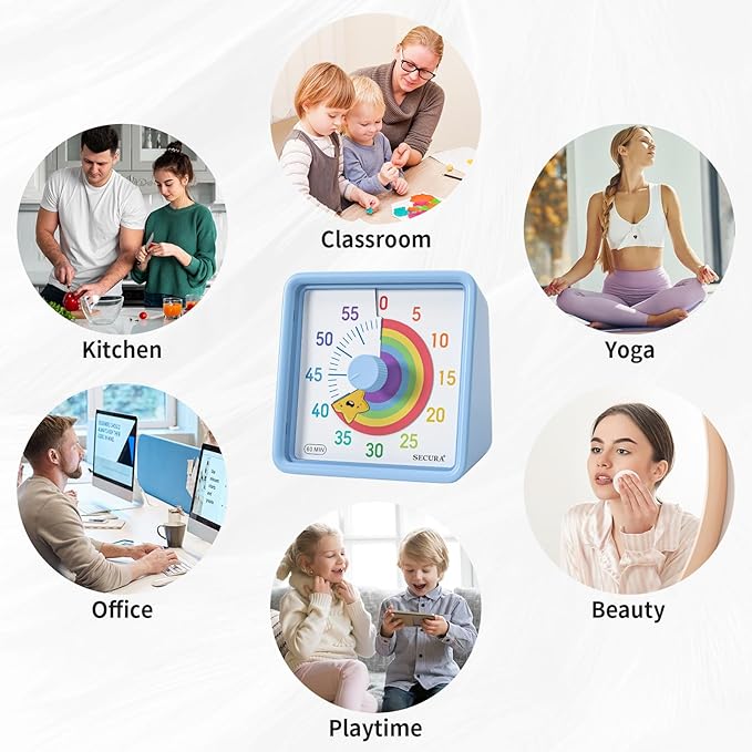 Secura 60-Minute Visual Timer for Kids, Time Clocks, Countdown Timer for Office Kitchen, Classroom Timer for Kids, Silent Time Management Tool (Blue & Star)