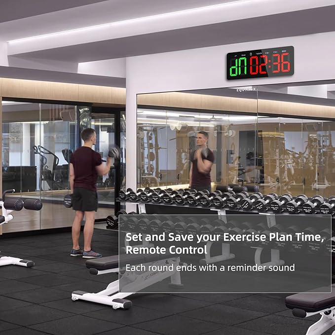 PELLOR Gym Timer Clock, Interval Timer with Function Mode Display, USB Plug-in Countdown/UP Stopwatch Adjustable Brightness with Controller, 3'' Large Digits Digital Wall Clock for Home Gym Room