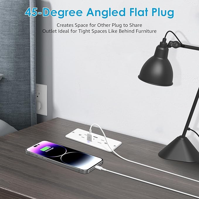 HHSOET 5 in 1 Recessed Power Strip Flat Plug, 20W Fast Charging Furniture Outlet with USB, Conference Recessed Socket with 2 AC Plugs, 2 USB Ports 1 USB-C, 10ft Power Cord. (White)