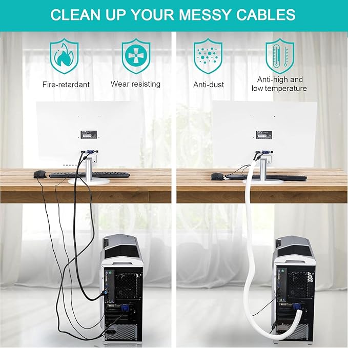 2 Pack 5ft - 1 inch White Cable Sleeve, Cable Organizer for Desk PC TV Computer, Wire Protector Cable Wrap Cover, Cord Management for Home Office