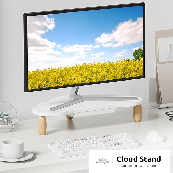 Cloud-Shaped Sturdy Wood Computer Monitor Stand Riser With Drawer, Multi-Purpose Desktop Organizer
