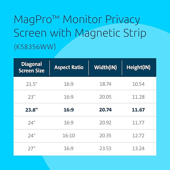 Kensington MagPro 23.8 Inch Magnetic Computer Privacy Screen for Desktop, Removable 16:9 Computer Privacy Filter, Anti-Glare Blue Ray Reduction, Compatible with Slim Bezel Monitors, K55421WW