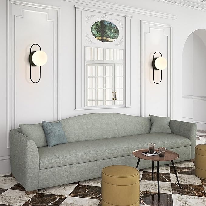 Mid Century Modern Round Wall Sconce 1-Lights Black Globe Wall Sconce Lighting Minimalist Vanity White Glass Bathroom Wall Lamp Farmhouse Bedroom Bar Wall Light