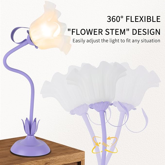 Cute Flower Desk Lamp, 3 Color Temperature Table Lamp with LED Bulb, Vintage Bedside Lamps, Reading Lamps with Soft Light for Bedroom, Living Room（Purple）