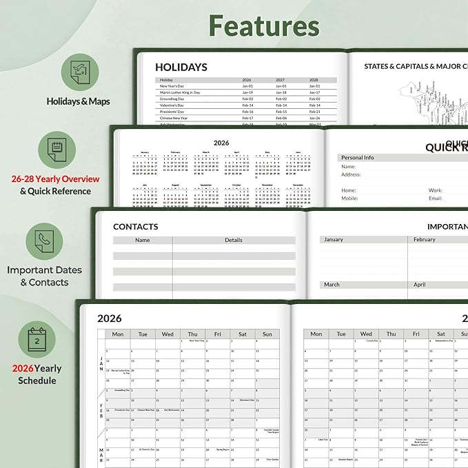 SUNEE 2026 Weekly & Monthly Hardcover Planner 5.5" x 8.3" - 12 Month (January 2026 - December 2026), Small Hardcover Planner, Pocket, Notes, 100 GSM Paper, Deep Green