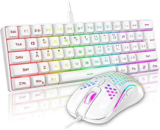 RedThunder 60% Mini Gaming Keyboard and Mouse Combo, Lightweight, Ultra-Compact 61 Keys RGB Backlit,7200 DPI Honeycomb Optical Mouse, Wired Gaming Set for PC MAC PS5 Xbox Gamer(White)