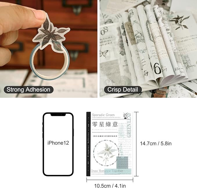 Dizdkizd Botanical Washi Stickers for Journaling, Ephemera Sticker Book for Junk Journal with 180pcs Plant Washi Stickers and 20 Adhesive Scrapbook Sticker Sheets, Vintage Scrapbooking Supplies