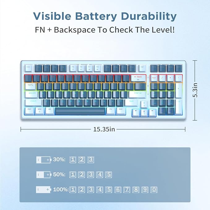 HUO JI 96% Wireless Mechanical Keyboard, Hot Swappable, Pre-lubed Blue Switches, Gasket Structure, Bluetooth/2.4GHz/USB-C, Led Backlit Sidelit, Custom Gaming Keyboard for PC (Blue)