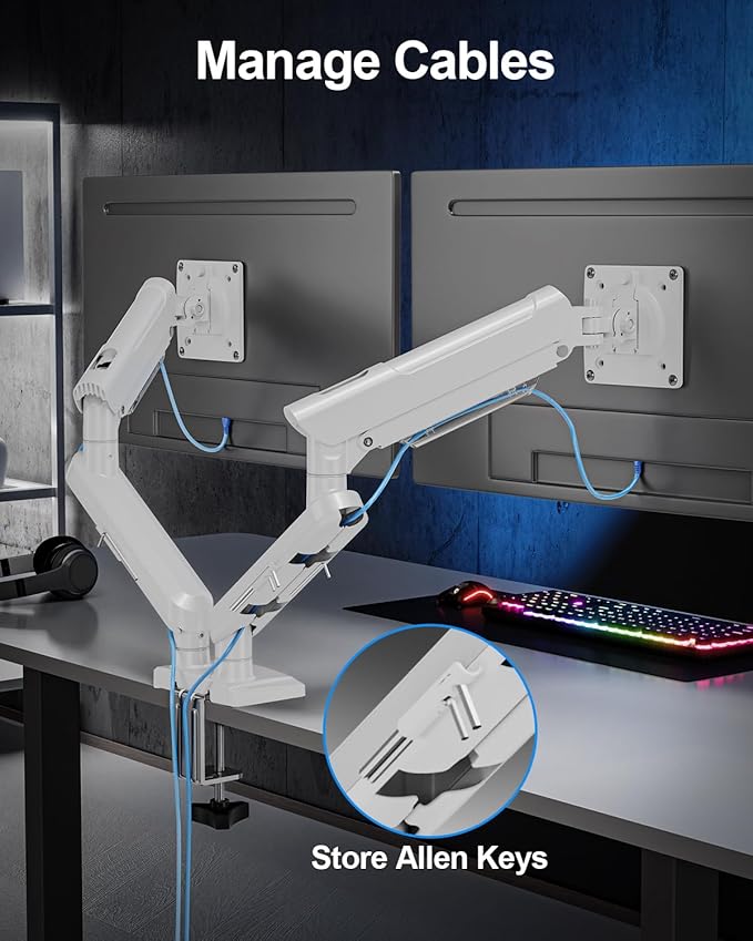 Dual Monitor Arm Fits 17 to 32 Inch Computer Screen, 22lbs per Arm, Full Motion Monitor Desk Mounts for 2 Monitors, Gas Spring Desk Mount, VESA Mount White, Freelift Pro
