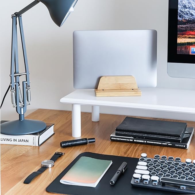 Bamboo Dual Monitor Stand Riser White, Desk Monitor Riser for 2 Monitors, Supports for PC Computer Monitor, Printer, Heavy TV Riser up to 300 lbs, White