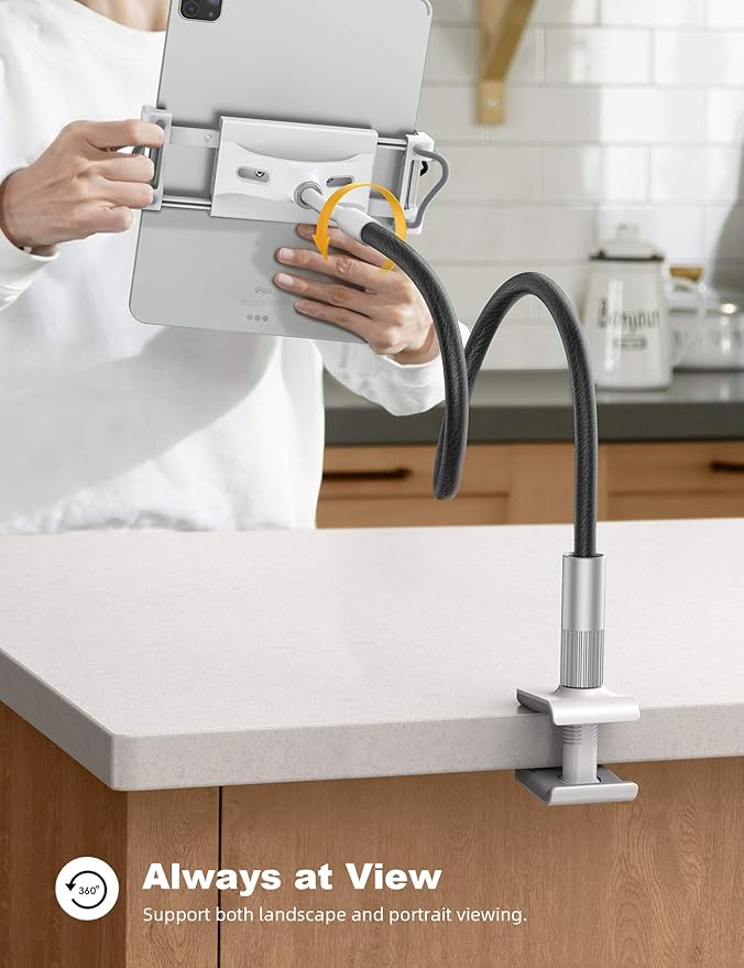 Lamicall Gooseneck Tablet Holder Mount : Flexible Arm Clip Tablet Stand for Bed, Desk Mount, Compatible with iPad Pro 11", Mini Air, Galaxy Tabs More 4.7 to 10.5" Phones and Tablets