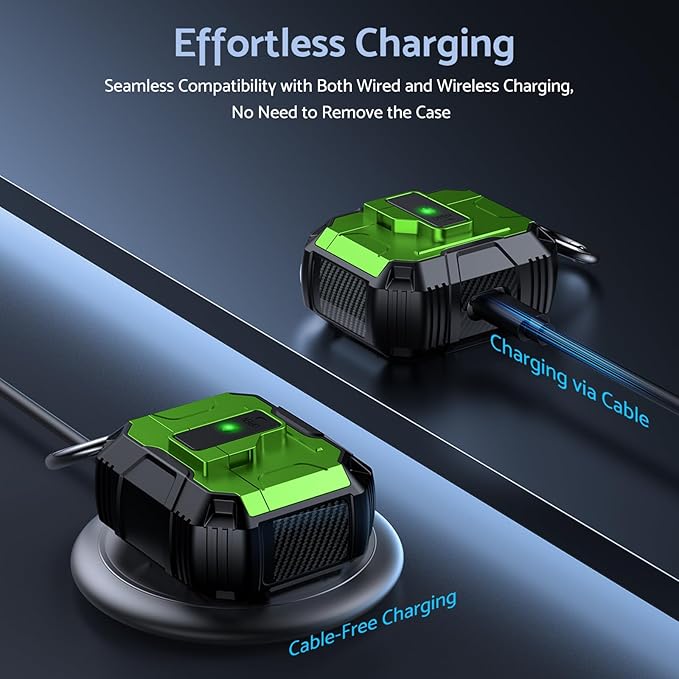 DASFOND Armor Earphone Cover Case for Airpods 4 Generation, Military Grade Full Body Shockproof Protection Hard Case, Support Wireless Charging with Keychain, Magnetic Lid, Front LED Visible, Green