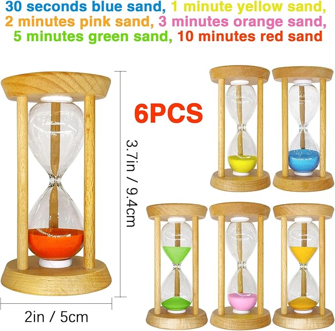 6PCS Wooden Hourglass Sand Timer Set - 30 Sec/1/2/3/5/10 Min Colorful Sandglass Clock for Home Office Kitchen Decor (3.54 x 1.97 Inch)