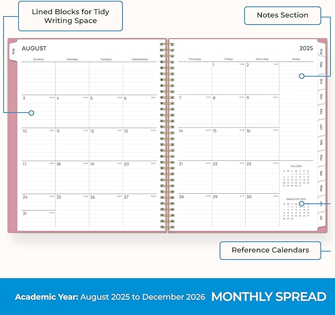 Blue Sky 17 Month 2025-2026 Weekly and Monthly Academic Year Planner Calendar, August 2025 - December 2026, 8.5" x 11", Flexible Cover, Wirebound, Laminated Tabs, Dusty Rose