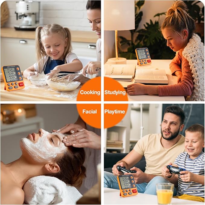 Digital Dual Kitchen Timer, 3 Channels Countdown Triple Timer for Cooking, Magnetic Memory-Preset Large Display Adjustable Alarm Volume, Multi Times Management, 3A Battery Included, Orange